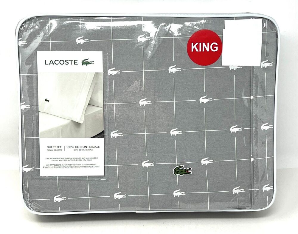 Lacoste KING Sheet Set Grey Steel All Cotton Percale SLICE Crocodile Logo